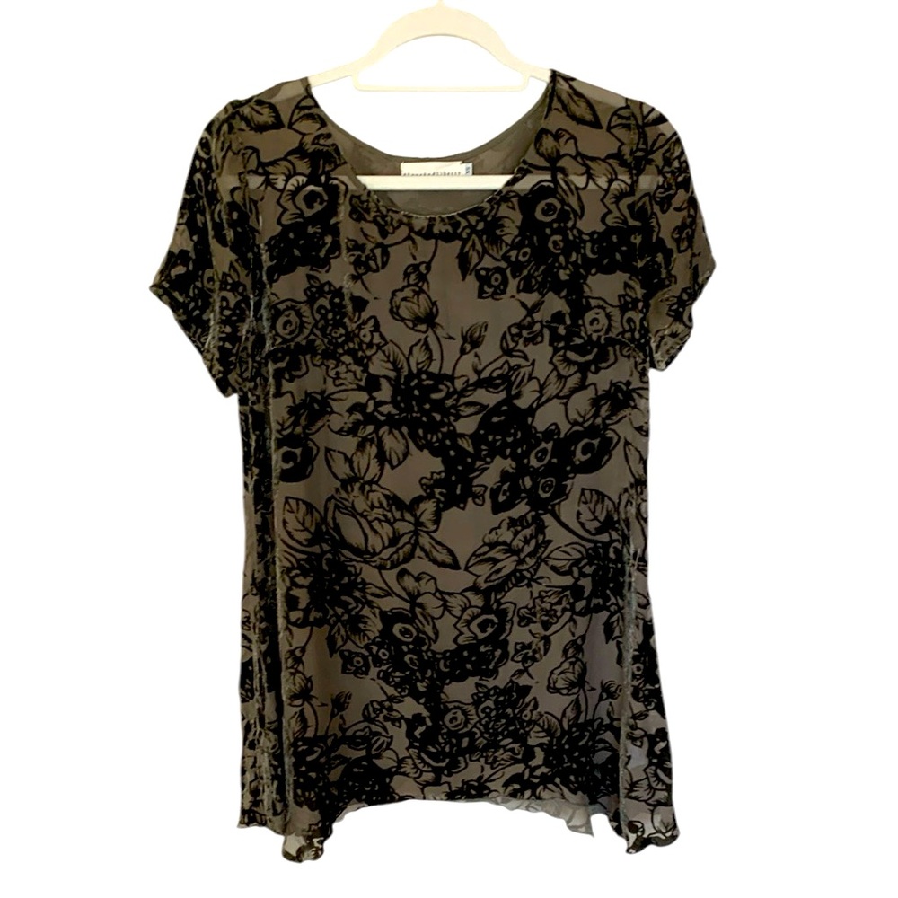 For Love and Liberty Johnny Was Dark Sage Floral Velvet Burn Out Sheer Top XS